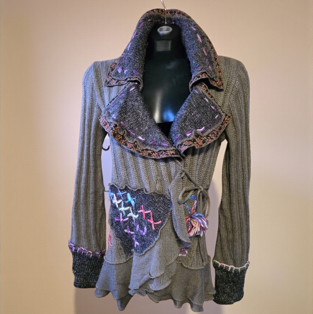 Forla Paris Made In France Olive Green Embroidered Side Tie Cardigan Sweater